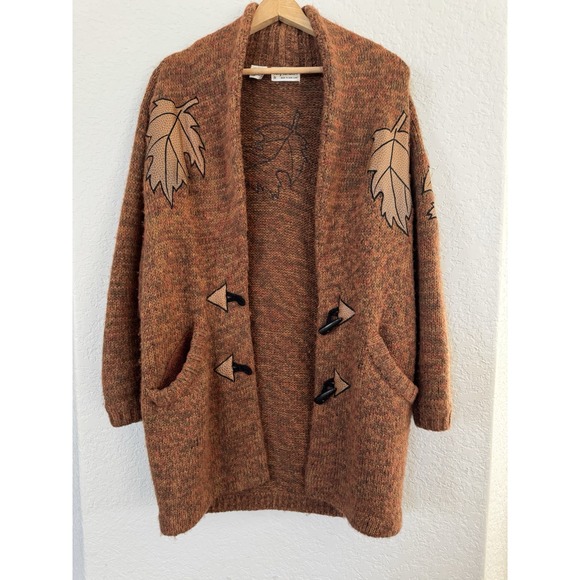 Tony Lama Sweaters - Vintage 1980s Tony Lambert Cardigan Sweater Shawl Collar Leather Fall Leaves S